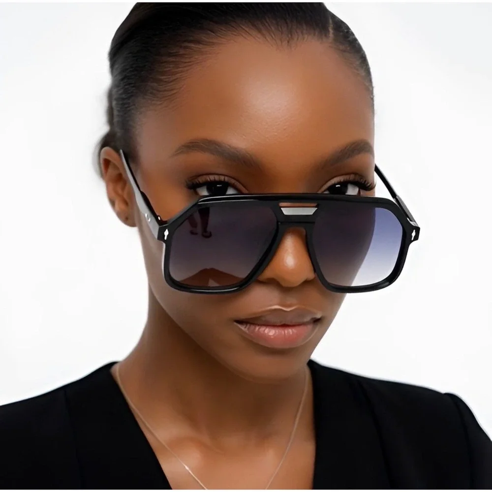 Oversized‎ Black Aviator Sunglasses Women Shades Flat Top Square Frames Female
